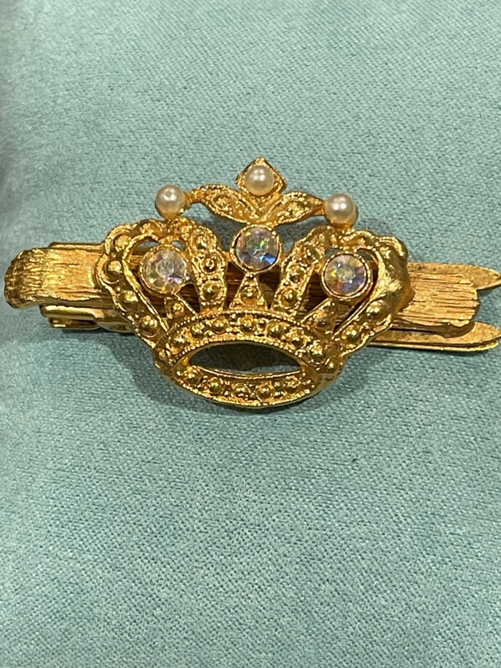 Gold Crown Hair Clip with Rhinestones and Pearls